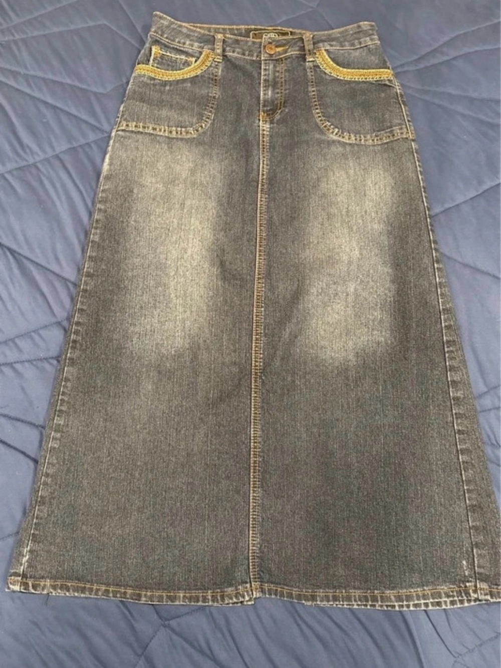 Cato Dark Wash Denim A-Line Maxi Skirt with Yellow/Orange Trim